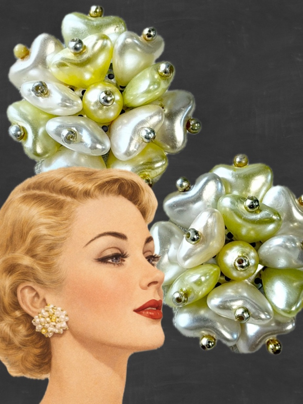 VINTAGE MCM‎ 50s pearl heart cluster bouquet button earrings clip on estate 60s